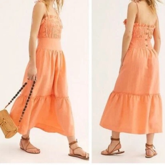 Free People Dresses & Skirts - Free People Late Checkout Midi Linen Cotton Orange Smocked Dress Size M